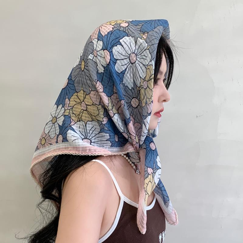 91Cm small floral large square scarf cotton and linen silk scarf women's versatile thin sunscreen scarf shawl outer headscarf yarn