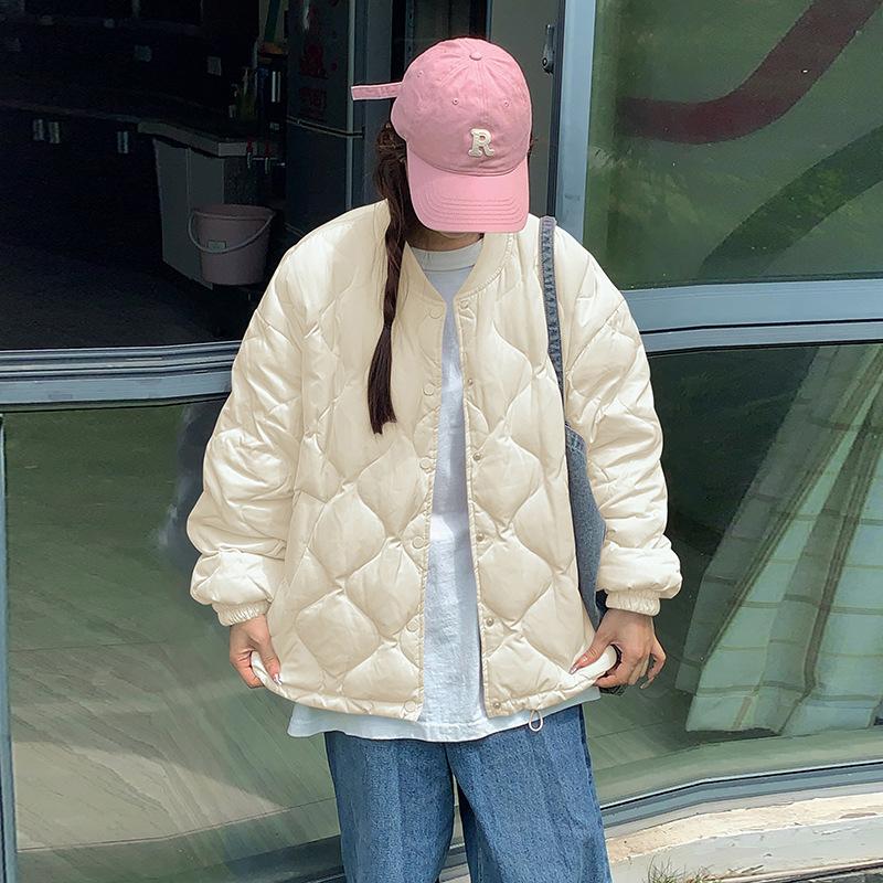 Новая тонкая куртка с хлопковой подкладкой Осень и Зима Короткая с крупным ромбовидным узором Без воротника Куртка с хлопковой подкладкой Куртка для пар