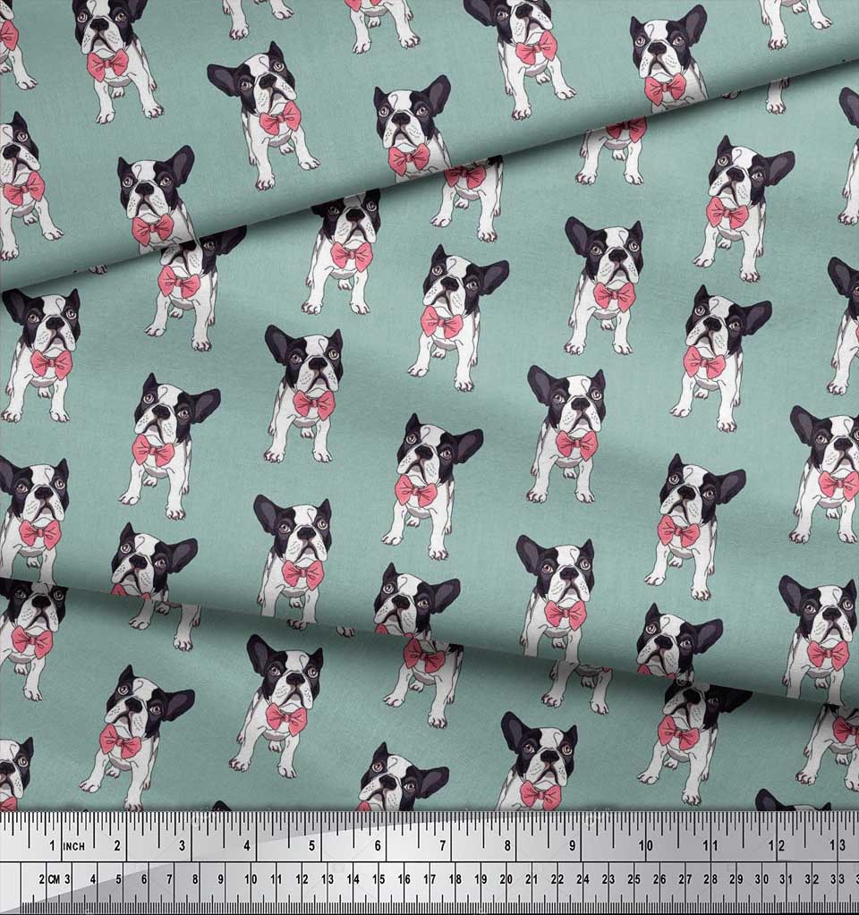 Soimoi Japan Crepe Satin Fabric Bow & Boston Terrier Dog Print Fabric by the Metre 42 Inch