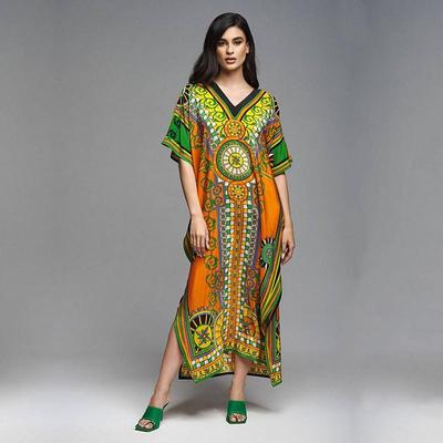 EDOLYNSA богемный длинный кафтан с коротким рукавом и принтом, повседневное платье макси, летняя одежда, женская пляжная одежда, купальный костюм, накидка Q1485