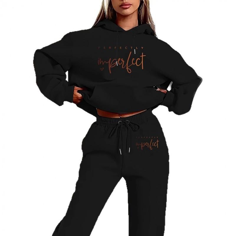Womens Letter Print Hooded Sweatshirt Casual Pants Set Fashion Long Sleeve Tracksuit