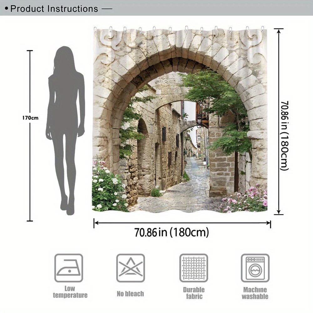 1pc Vintage European Shower Curtain, Picturesque Cobblestone Alley with Flowers and Arches, With 12 Hooks, Bathroom Decor