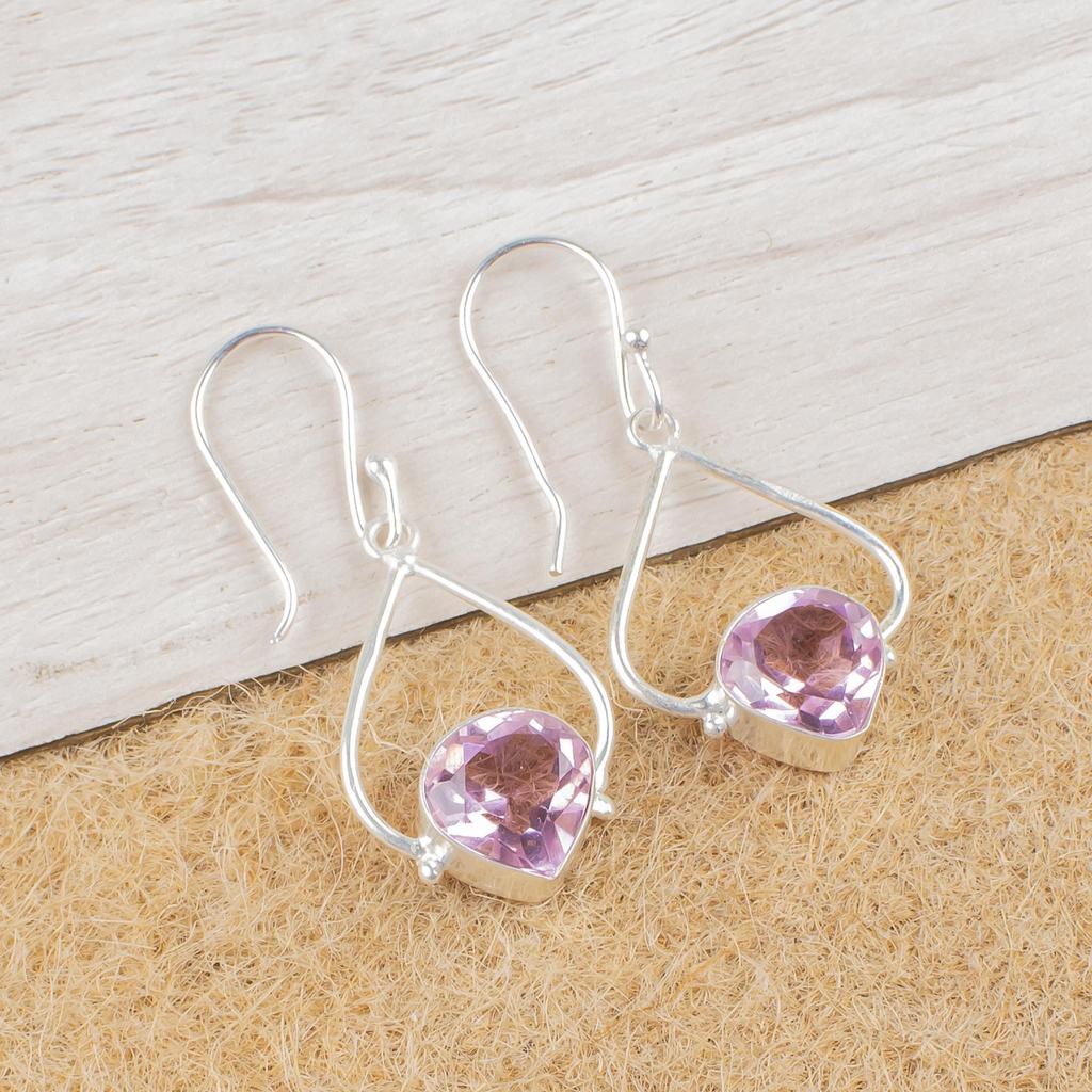 Morganite Earrings, Handmade Gemstone 925 Solid Sterling Silver Earrings Antique Jewelry, For Engagement Gift