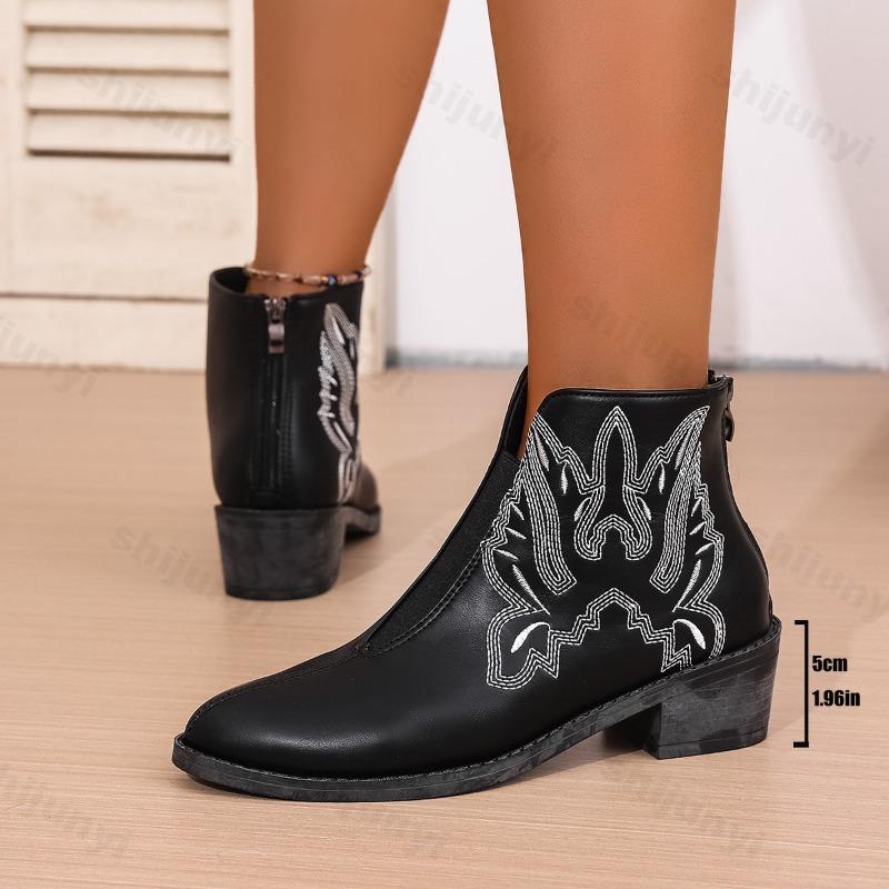 Fashion Womens Ankle Boots Autumn 2025 Retro Embroidery Short Boots Fashion Pointed Toe Leather Western Cowboy Boot Botas Para Mujer
