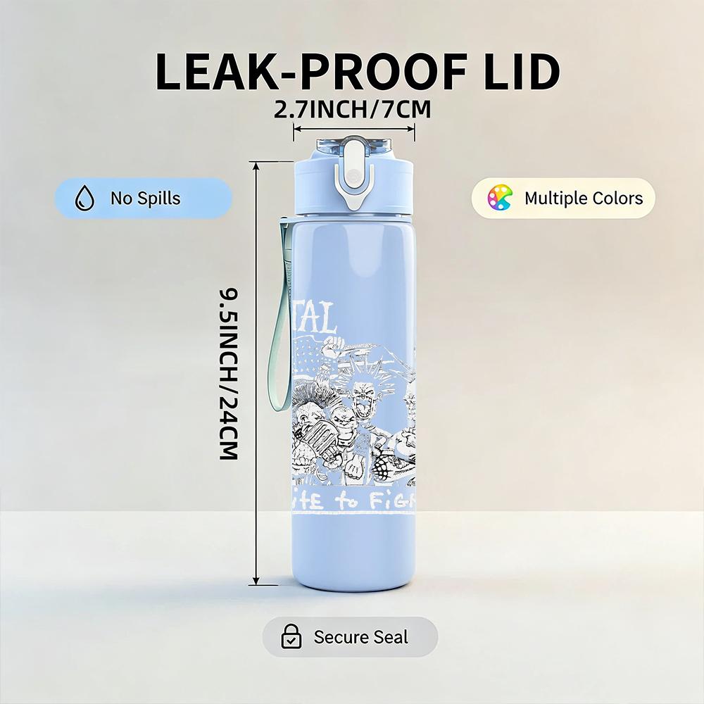 1PC Faint band group grey sketch print 750ml colorful plastic sports water bottle leakproof pop up lid with straw for outdoor work home use