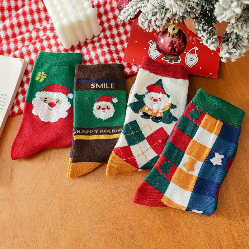 European & American Christmas Cartoon Santa Socks - Unisex Autumn/Winter Mid-Tube Cotton In Red