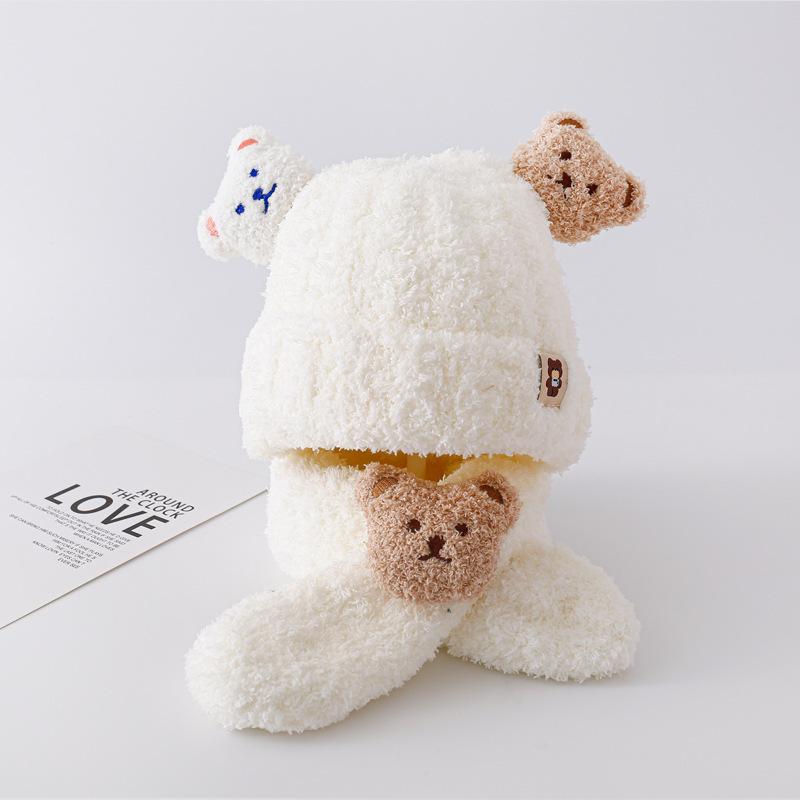 Children's Warm Bear Scarf Knitted Hat Autumn/Winter Girls' Two-piece Set with Fleece Hat