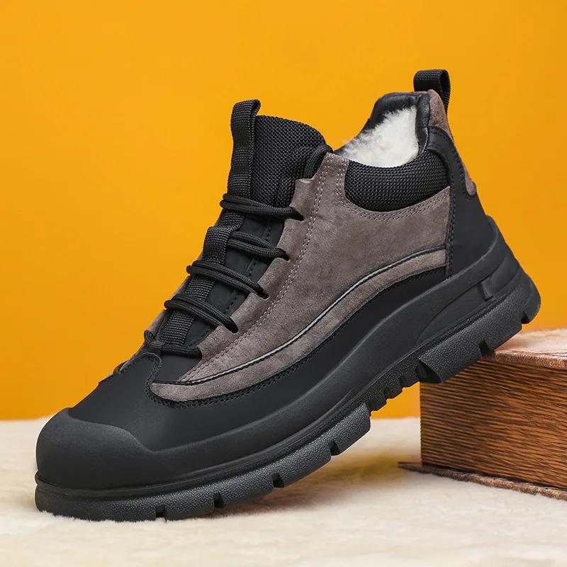 2024Новые мужские ботинки зимние плюшевые теплые ботинки для снега водонепроницаемые кожаные спортивные хлопковые туфли для мужчин нескользящие походные ботинки Botas Hombre
