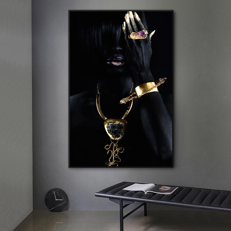 Gold Necklace African Woman Canvas Painting Figure Art Posters and Prints Black Women Wall Art Pictures for Living Room Decor