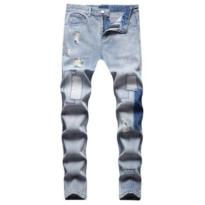 Европейские и американские повседневные джинсы средней посадки, неэластичные, с потертостями, синие, с потертостями и вышивкой