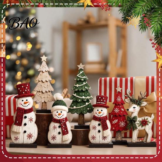 Decorative Items for Windowsills 7Pcs Christmas Snowman Tree Reindeer Figurines, 2D Wooden Tiered Tray Holiday Wood Ornaments Decor, Rustic Farmhouse