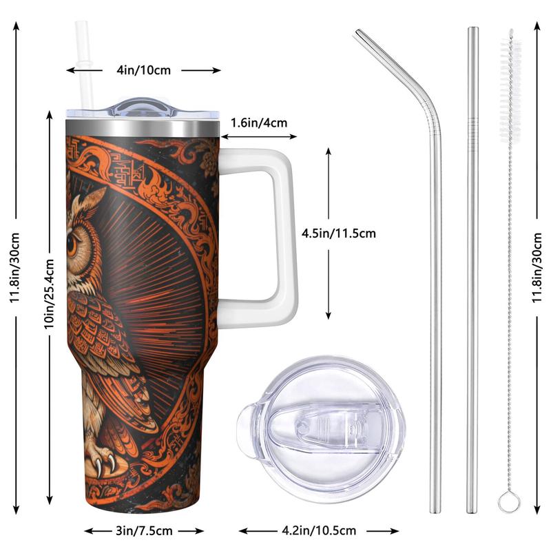 Owl Handle Cup Set with Straw, Maximum Capacity 40oz, Inner Layer 304 Stainless Steel, Outer Layer 201 Stainless Steel, Seamless Inner Liner, Lid