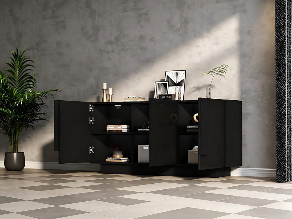Living Room Sideboard (35 x 160 x 60 cm), Cabinet with 3 Doors, High-Gloss Storage, 6 Shelf Compartments, Wide, Black, Chipboard, Easy to Clean