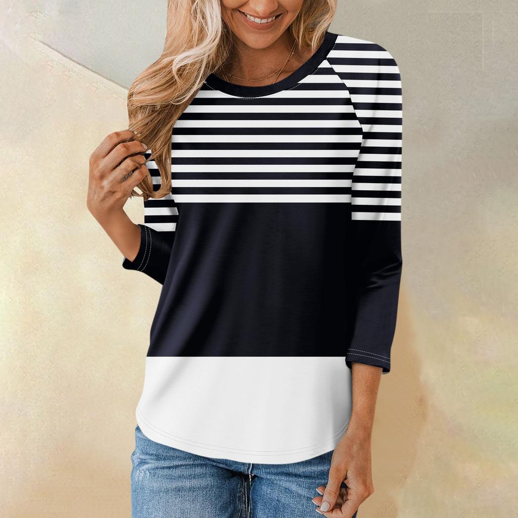 Женская модная повседневная рубашка с круглым вырезом и рукавами 3/4, свободная футболка с принтом, женский топ