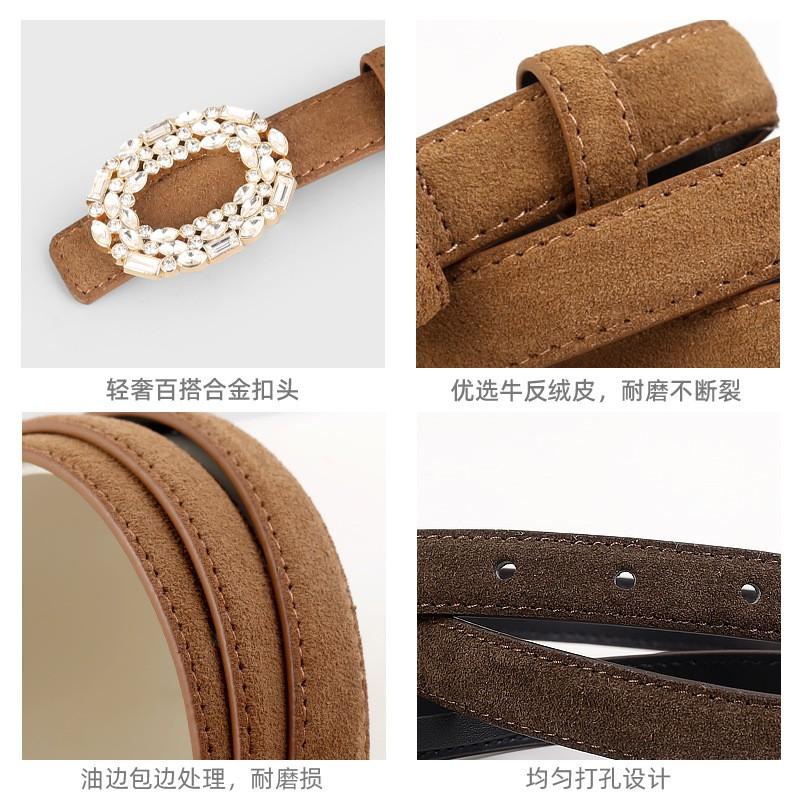 Womens Suede Belt Rhinestone Inlaid Round Buckle Jeans Decorative Leather Smooth Versatile