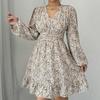 Autumn V-neck Print Floral Long-sleeved Women's Dress Long-sleeved Dress
