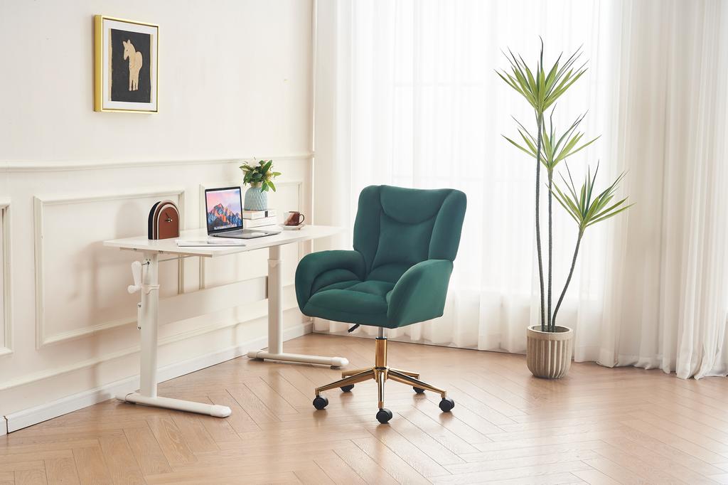 005 Full KD Velvet Fabric Material Height-Adjustable Swivel Chair for Indoor Home Office with Gold Legs, Green