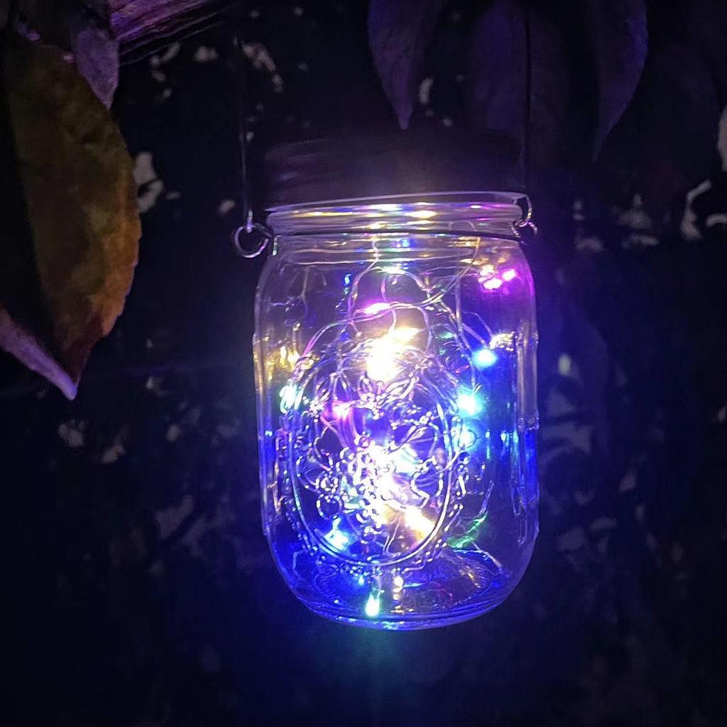 Solar Crackle Glass Mason Jar Hanging Light - Outdoor Garden Christmas Decoration