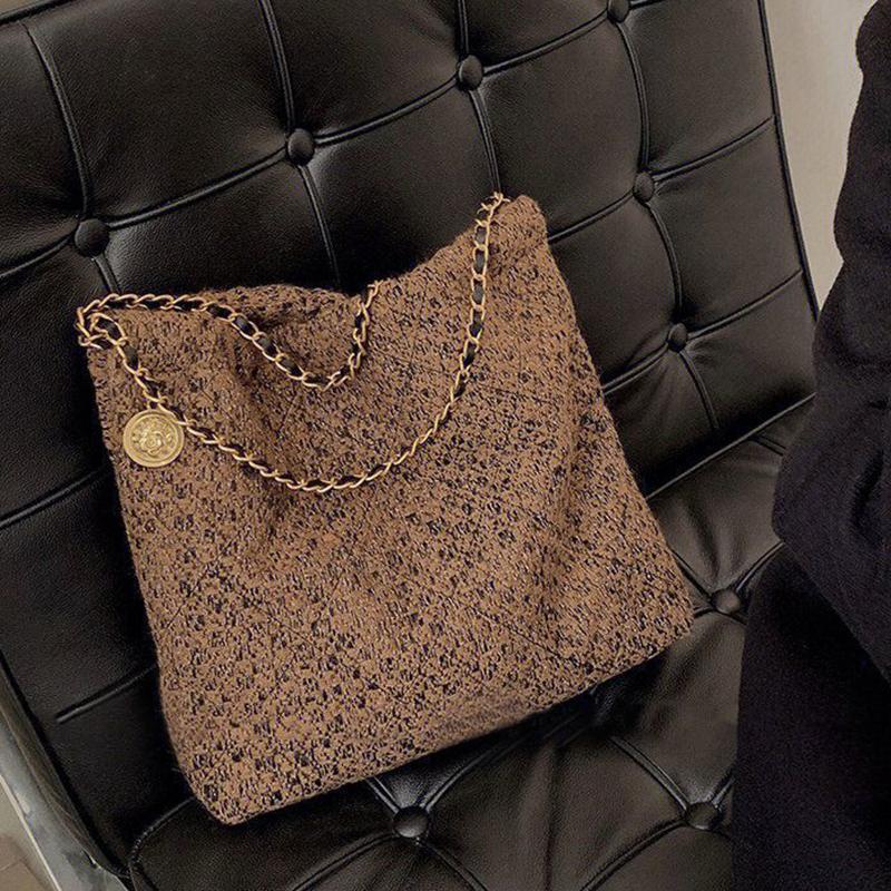 Вместительная сумка-тоут из коричневого твида с цепочкой, минималистичный стиль, для поездок на работу и повседневного использования, прочная ручка, наплечная сумка KTY
