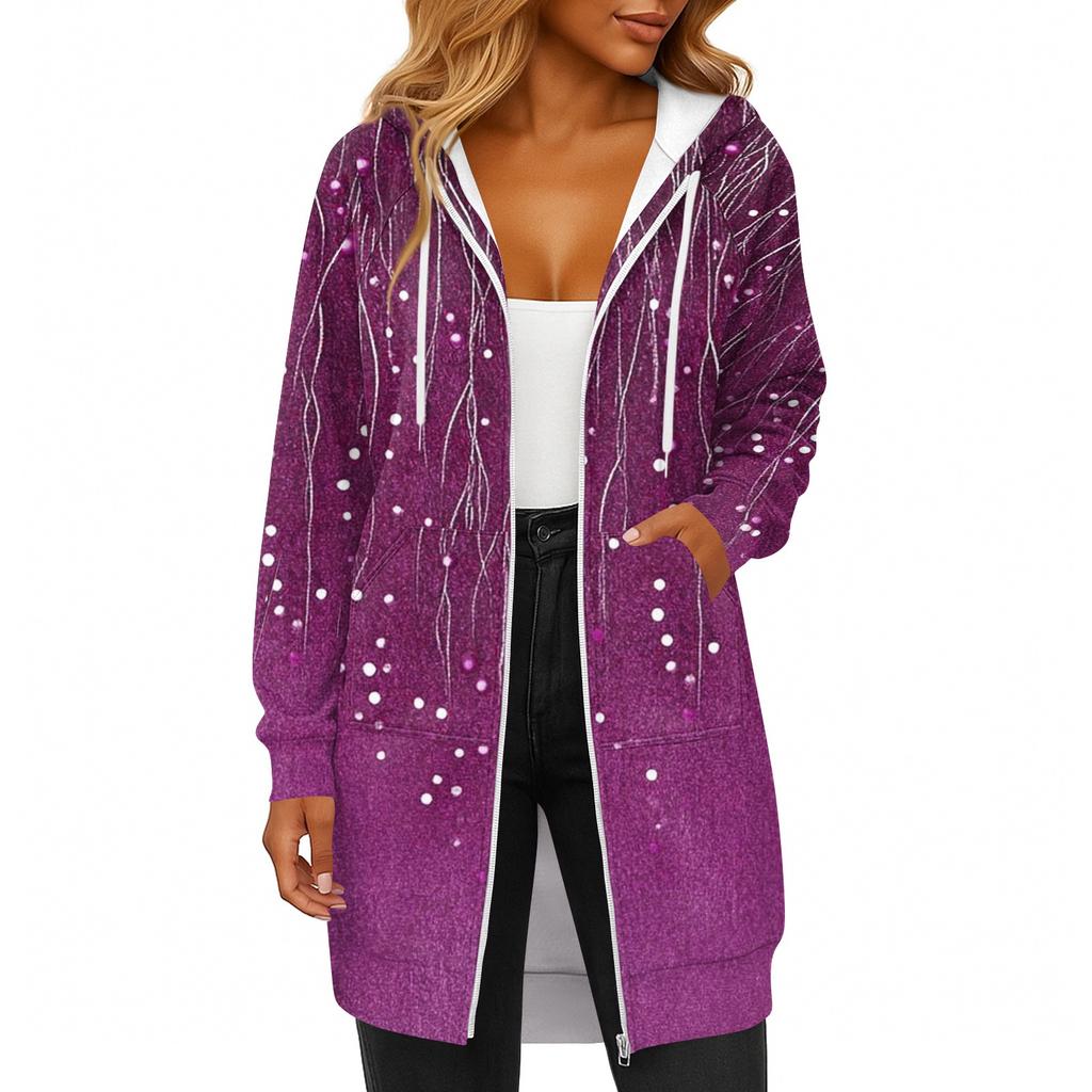Women's Fashionable Printed Long Sleeved Drawstring Hooded Zipper Pocket Long Casual Sweatshirt Jacket