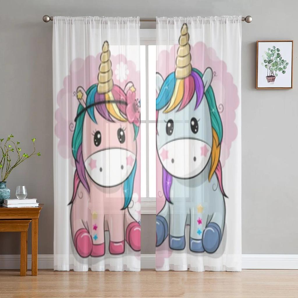 Милый мультяшный единорог с цветами, прозрачные шторы для гостиной, детская спальня, тюлевые шторы, кухонные шторы для окон