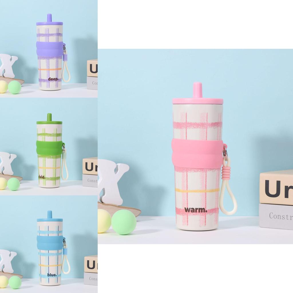 Клетчатая термокружка из нержавеющей стали большой вместимости с принтом букв и соломинкой