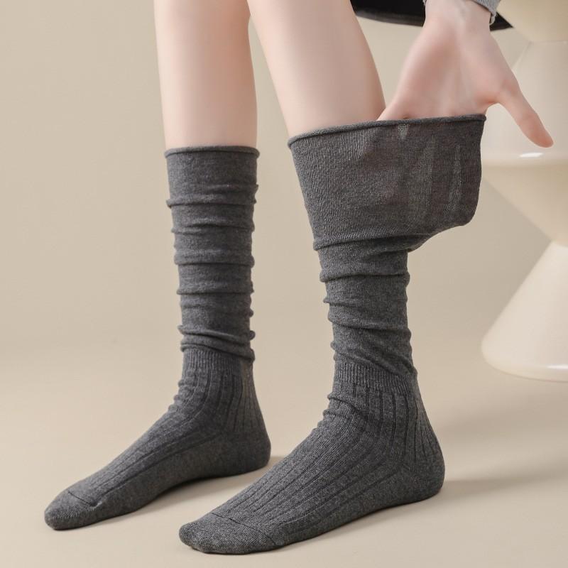 Womens Thin Solid Color Over-the-Knee Socks With Ruched Layering Design Cotton Blend Casual Long