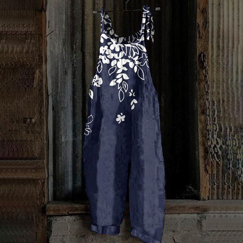 Женский комбинезон с принтом, повседневный, свободный, винтажный, с бретельками, из хлопка и льна