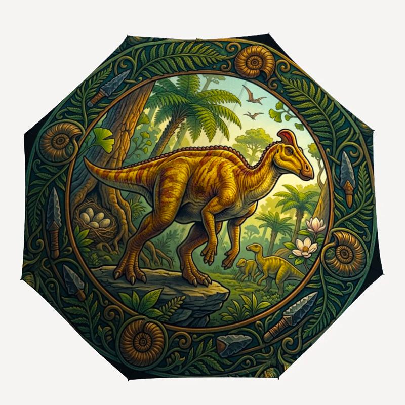 Prehistoric Dinosaur Realm pattern umbrella, portable and foldable design, 8 ribs, a casual accessory for Halloween, Christmas, and birthday gifts.