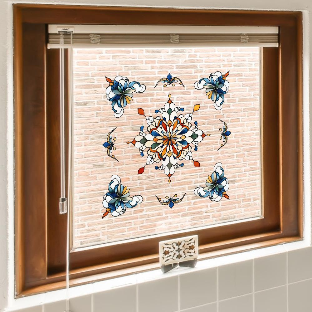 Балкон с ретро-узором Балконное стеклянное окно Украшение и декор дома Цветные электростатические наклейки на окна