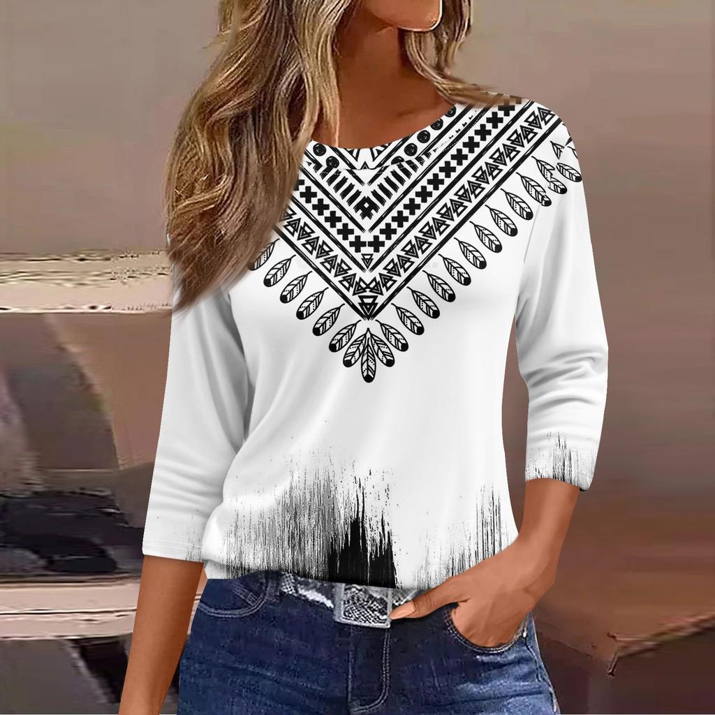 Женская модная повседневная свободная футболка с круглым вырезом и рукавами 3/4 с принтом, женский топ