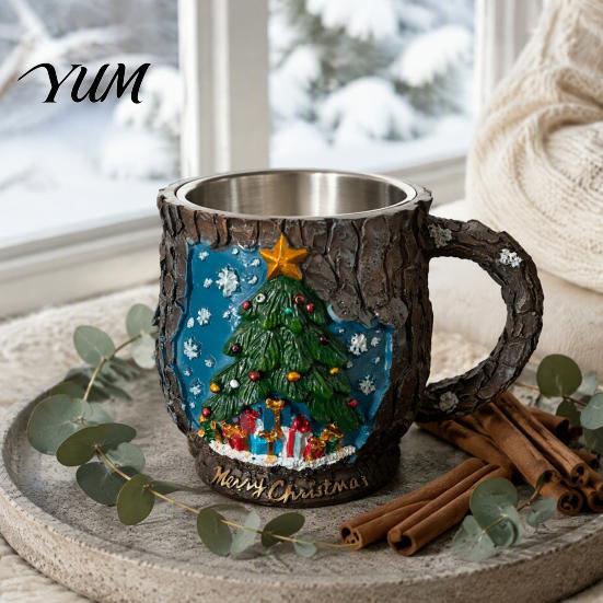 Christmas Mug Decorations Theme with Stainless Steel Liner, 3D Relief Hand Snowman Gift Mugs Painted Resin Coffee Cup, Decorative Drinkware