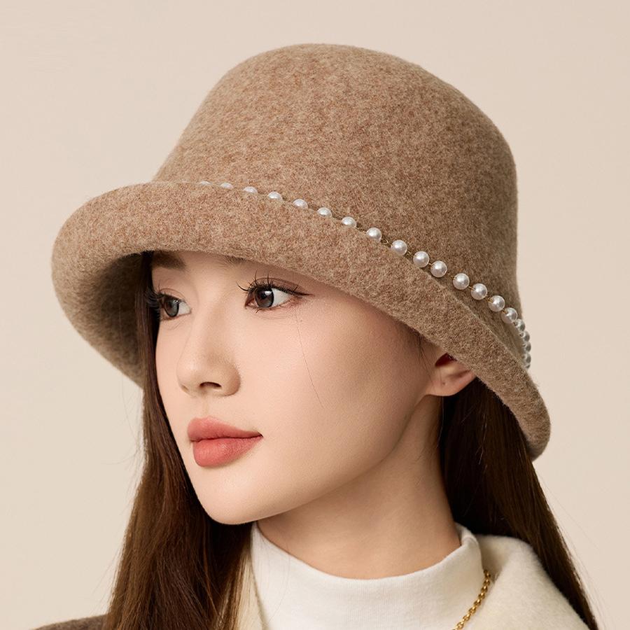 Pearl Wool Top Hat Women's Dome Hat Autumn Winter Warm Bucket Hat
