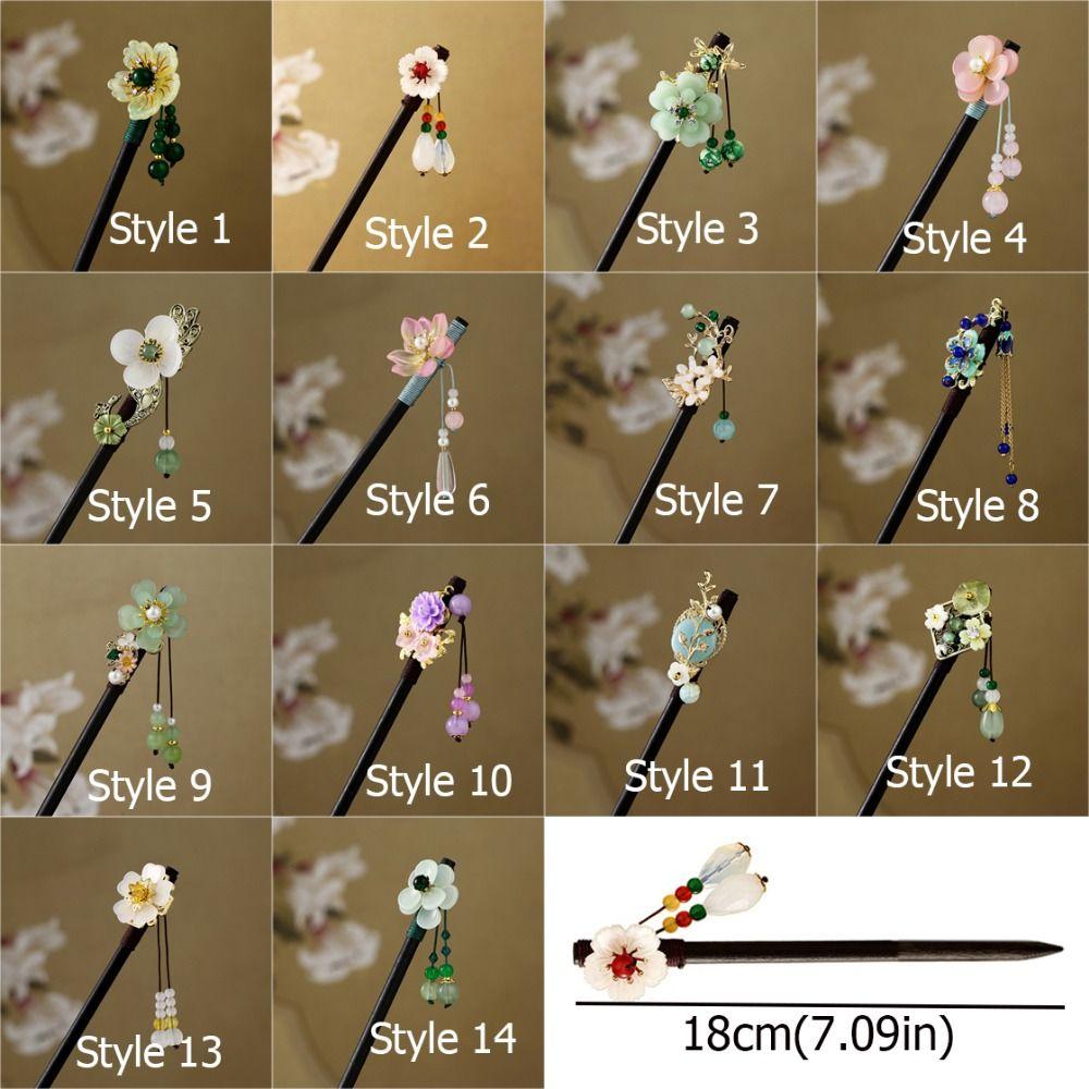 Decorative Chinese Style Flower Hair Sticks Handmade with Tassel Hair Chopsticks Retro Hair Fork Wooden Hairpin for Hanfu