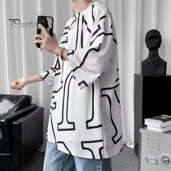 Летняя мужская футболка с круглым вырезом средней длины, соответствующий цвету с буквенным принтом, ледяной шелк, пуловер с короткими рукавами, свободная уличная одежда, молодежный топ для подростков