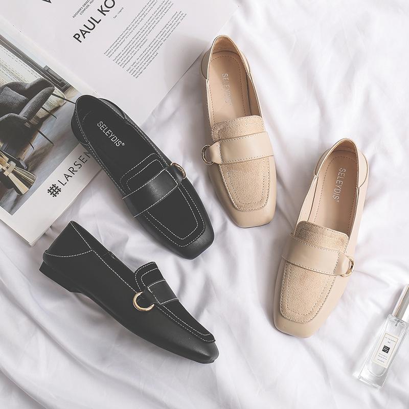 Новые весенние женские туфли в корейском стиле с неглубоким воротом и плоским квадратным носком, одна педаль, ленивые кожаные туфли, гороховые туфли