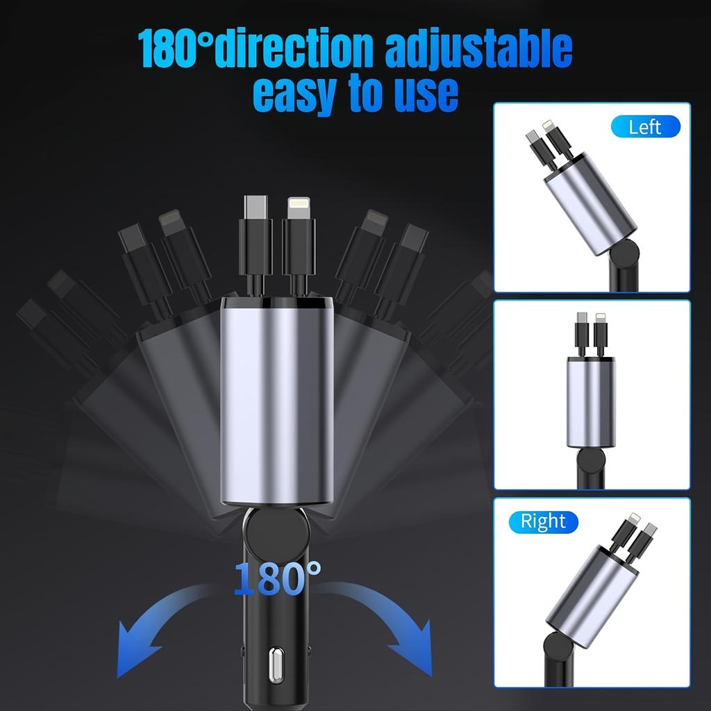 120W 4 IN 1 Retractable Car Charger USB C Cable For IPhone Huawei Samsung Fast Charge Cord Cigarette Lighter Adapter PD QC3.0