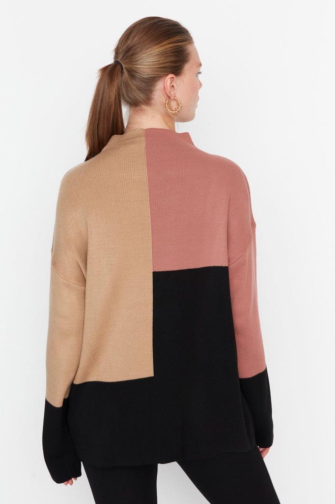 Women's Fashion New Hijab Sweater Stone Color Block High Collar Knitwear Sweater