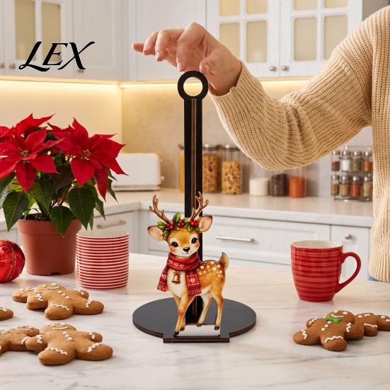 Creative Christmas Kitchen Storage Wooden Paper Towel Holder, Decorative Vertical Roll Dispenser, Festive Countertop Stand Stable Weighted Base