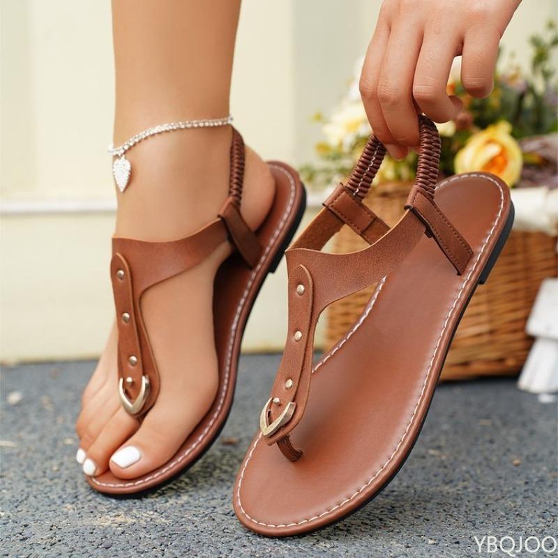 Roman Sandals for Women Summer New Style with Elastic Strap Flat Bottom T-shaped Design Featuring Clipped Toe Beach Women's Shoe