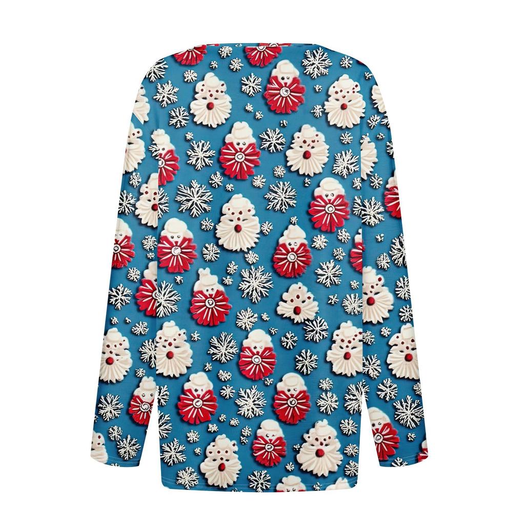 Женская футболка с рождественским принтом на пуговицах с длинным рукавом, повседневная, выходного дня, модная, базовая, с V-образным вырезом, обычная
