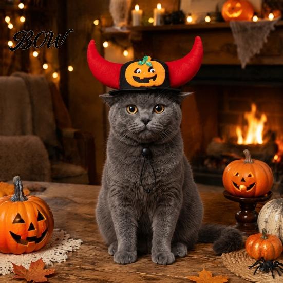 Pumpkin Applique Pet Hat Halloween Bat Hat, Red Horn Cat Funny Wings Felt for Cats Small And Medium Dogs