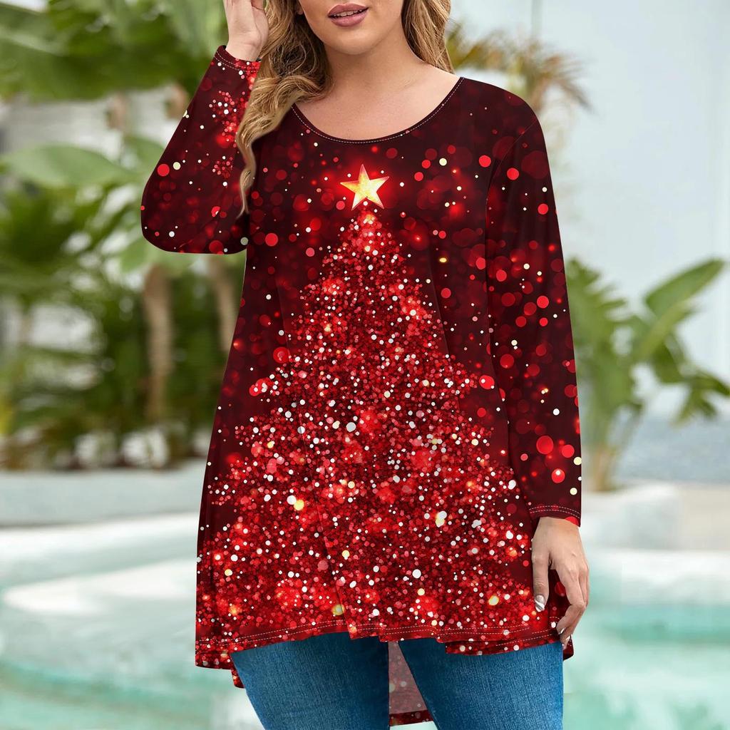 Женская мода большого размера с круглым вырезом и длинным рукавом, повседневный свободный пуловер с рождественским принтом