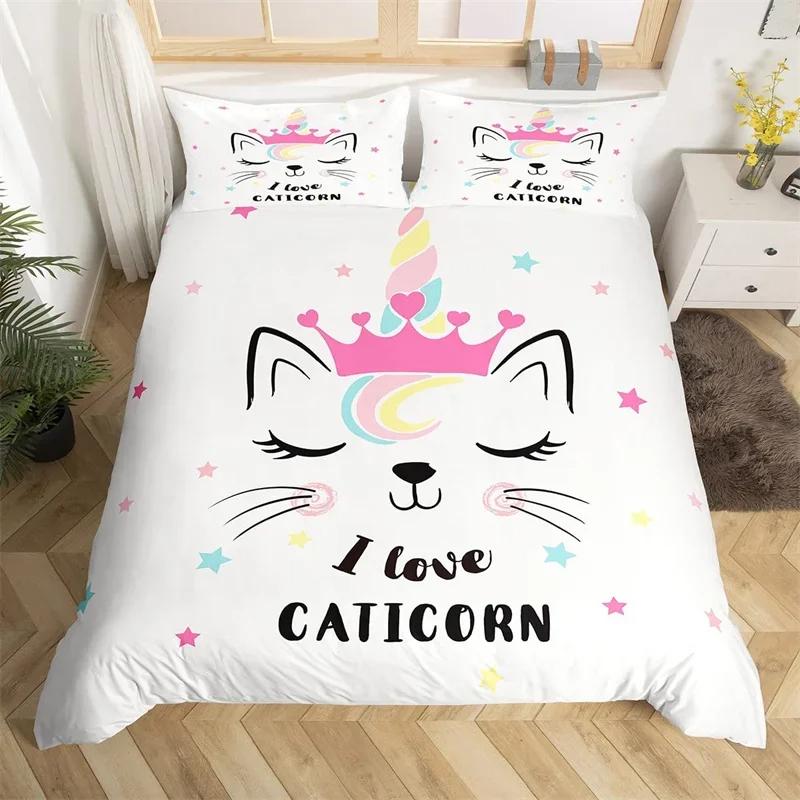 Cartoon Unicorn Duvet Cover Set Smile Eyelash King Bedding Set For Girls Woman Microfiber Mermaid Scale Floral Comforter Cover