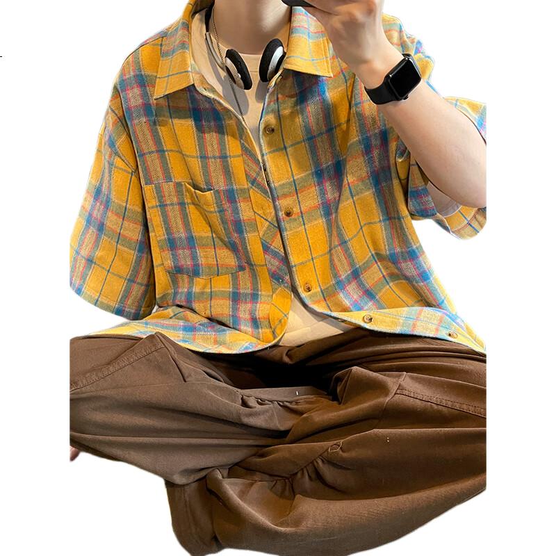 CLOR American Retro Lapel Plaid Shirt for Men, Spring And Summer Style, Loose Casual Trendy Short Sleeve, CLCX05 Yellow XL