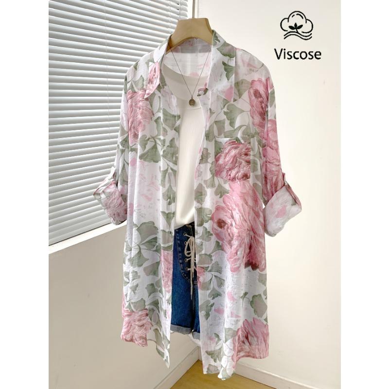 Elegant Mid-length Women's Blouse, Lightweight Single-breasted Cardigan Outerwear, Casual Long-sleeved Top for Tall Women with Floral Print