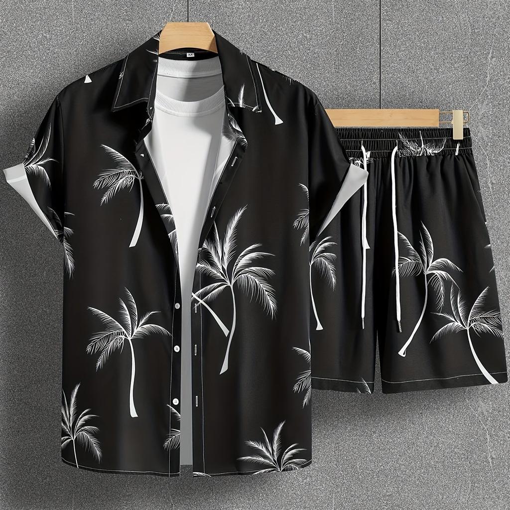 Coconut Tree Print Men's Short-sleeved Shirt And Beach Shorts Set Summer Everyday Men's Casual Shirt And Beach Pants