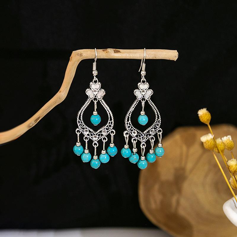 European and American Retro Ethnic Style Turquoise Earrings, Hollow Ring Flower Fringed Earrings, Owl Water Drop Earrings