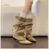 Retro Thick Heel Medium Boots Women's 2025 New Autumn Versatile Pointed Western Cowboy Boots Belt Buckle Trouser Boots