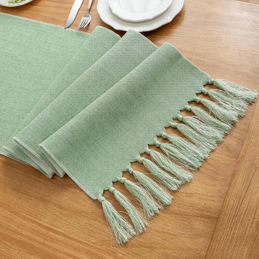 Tassel Table Runner, Linen Blend Rustic Farmhouse Style Kitchen Table Decoration Holiday Wedding Party Dinning Decor